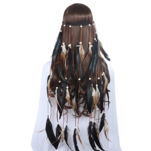 Boho Dark Green & Brown Feather Headdress - Picture 2 of 14